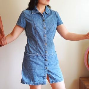 80s 90s vintage Drop waist Button denim Dress